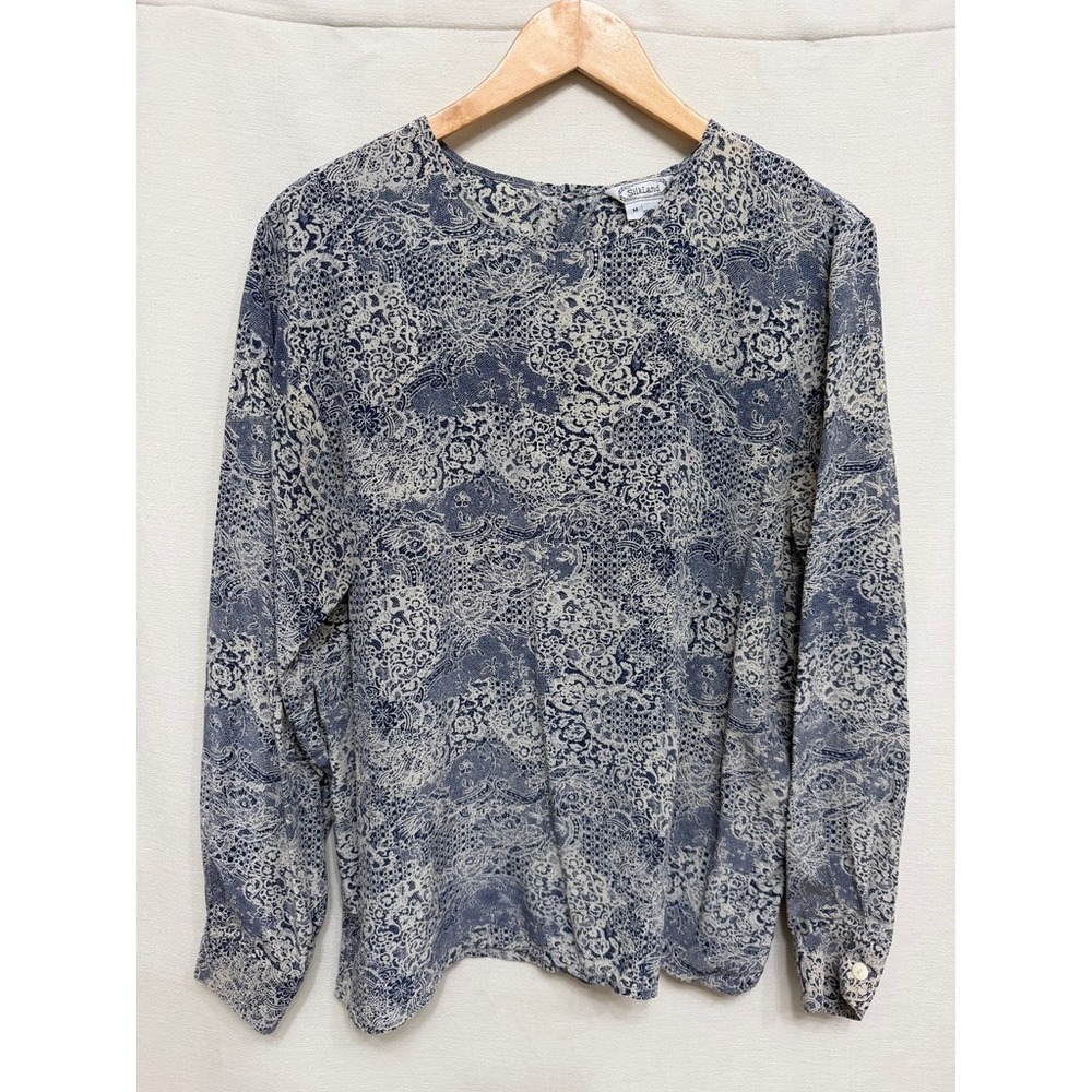 SilkLand Women's Blue Cream Paisley Print 100% Silk Long Sleeve Blouse Medium